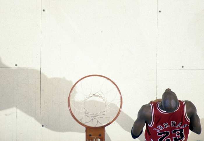 Chicago Bulls guard Michael Jordan against the Portland Trailblazers at Memorial Coliseum during the 1992-93 season.